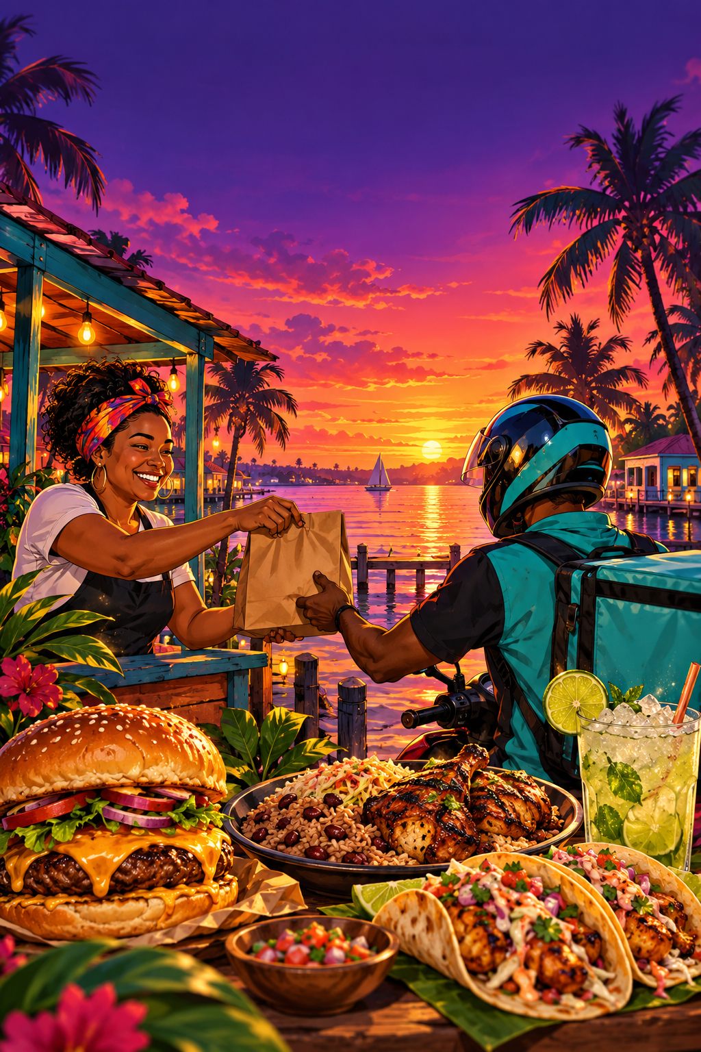 Illustration of a local kitchen, a delivery rider and food by the coast.